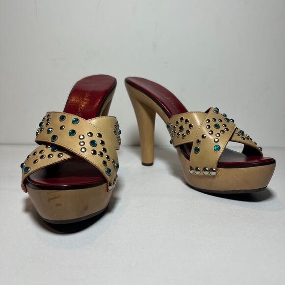 Jean-Michel Cazabat Platform Sandals Tan Leather Rhinestone 5 Inch Heel Size 7.5 - Picture 4 of 12